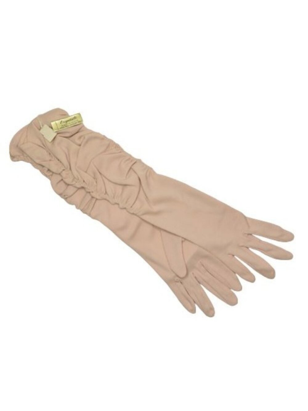 Vintage Exquisite Miracle Gloves Beige Nylon Elbow Length Formal Prom USA Made